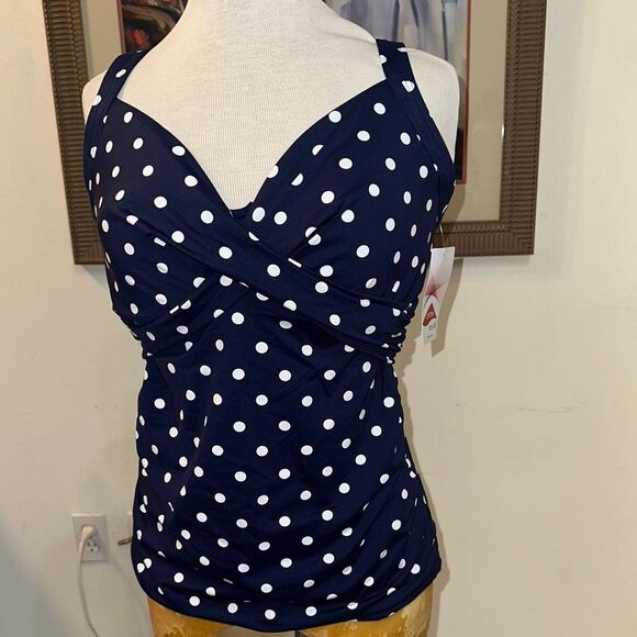 NWT Lands End Navy Polka Dot Women's Swim Top Size 14D - Picture 1 of 12